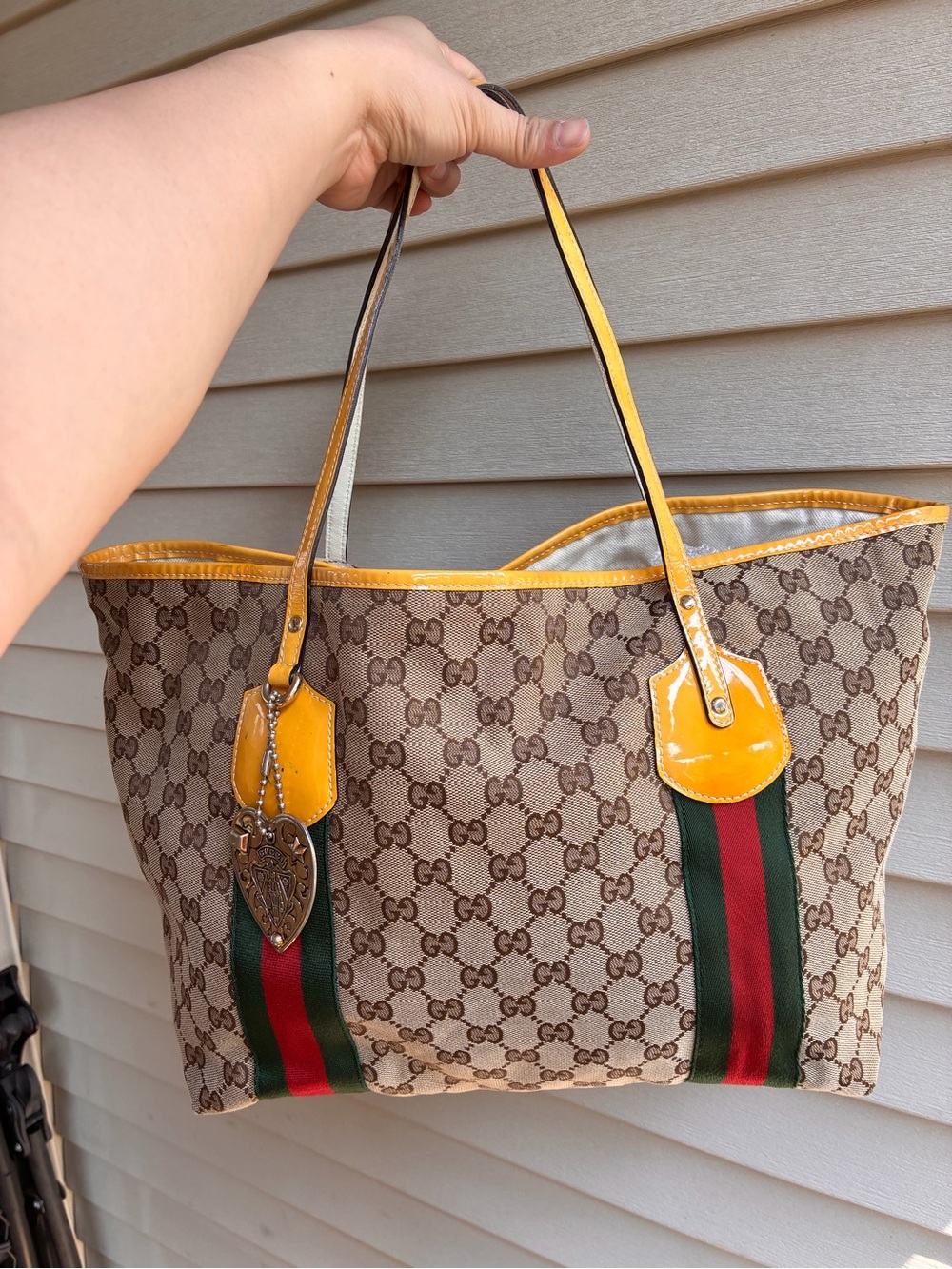 Gucci Beige GG Canvas Tote with Yellow Trim and Green-Red Web (authentic)